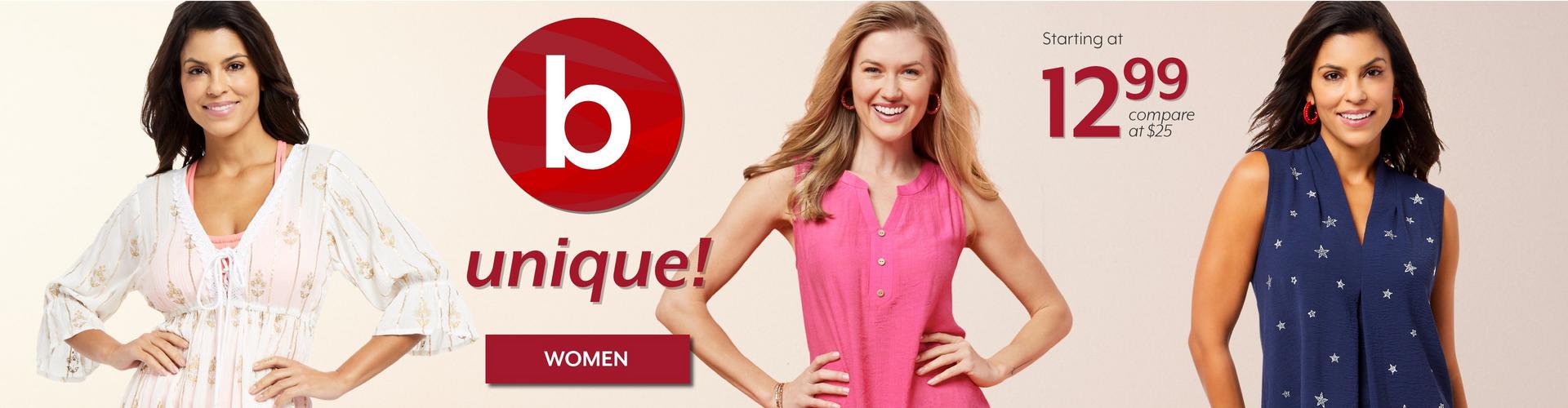 be Unique, starting at 12.99 apparel for women
