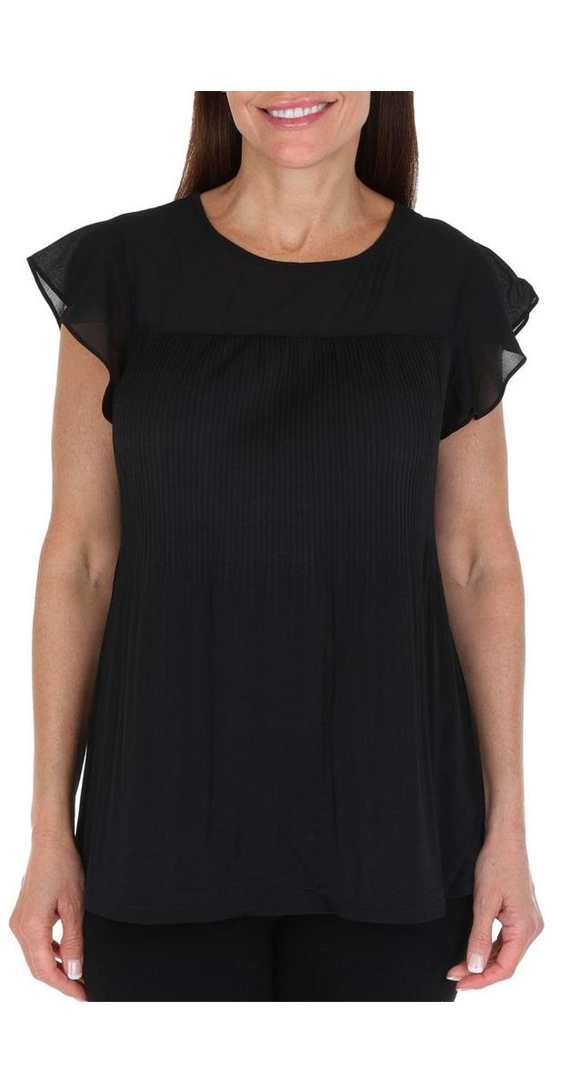 Women's Illusion & Pleat Flutter Sleeve Top - Black | Burkes Outlet