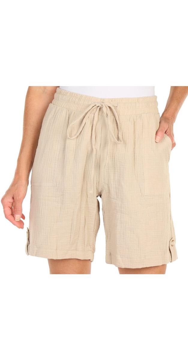 Women's Button Tab Gauze Shorts Khaki Burkes Outlet
