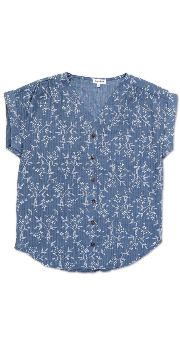 Women's Embroidered Floral Chambray Top - Blue | Burkes Outlet