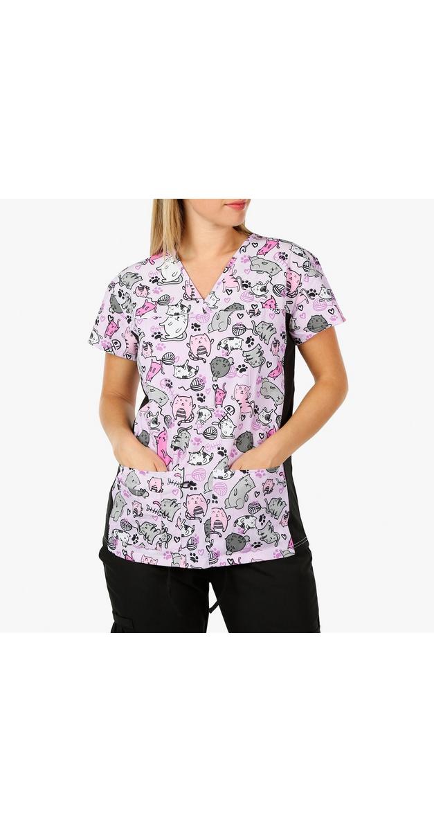 Women's Cat Print Scrub Top Pink Burkes Outlet