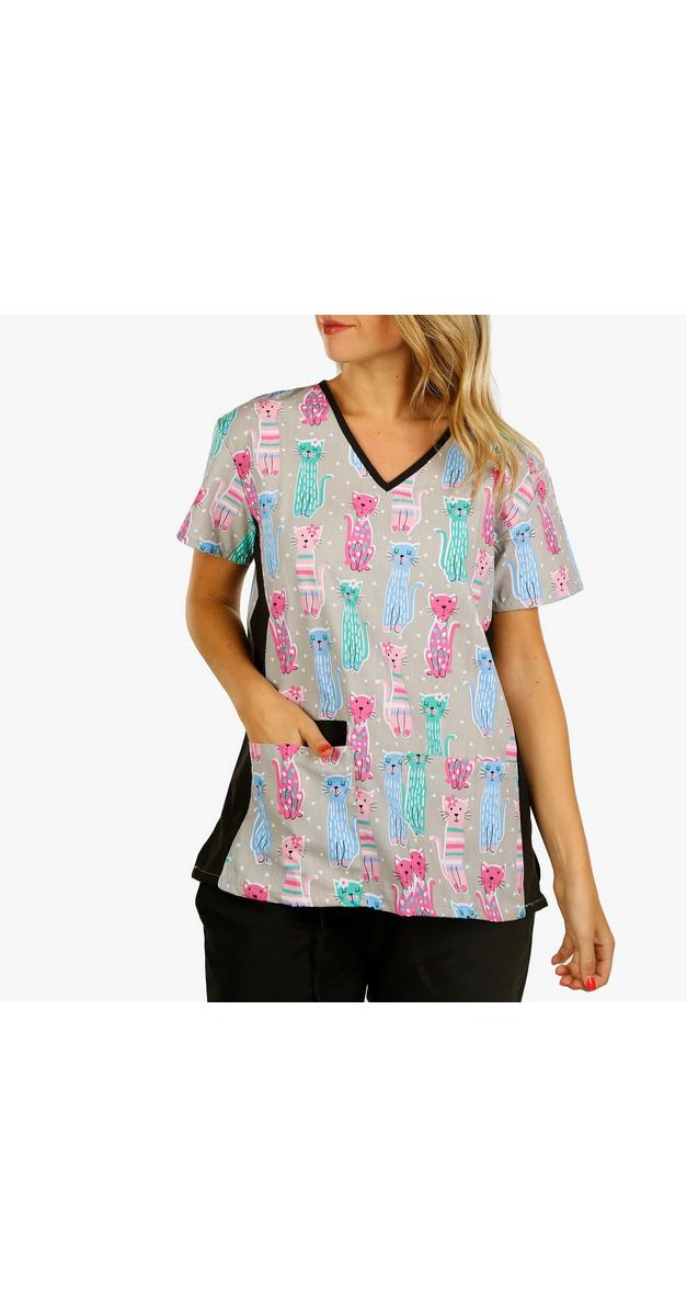 Women's Cat Print Scrub Top Grey Multi Burkes Outlet