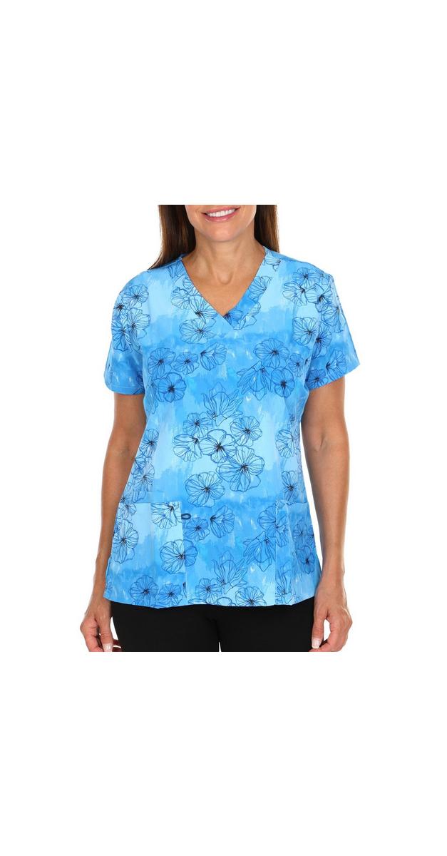 Women's Floral Print Scrub Top Blue Burkes Outlet