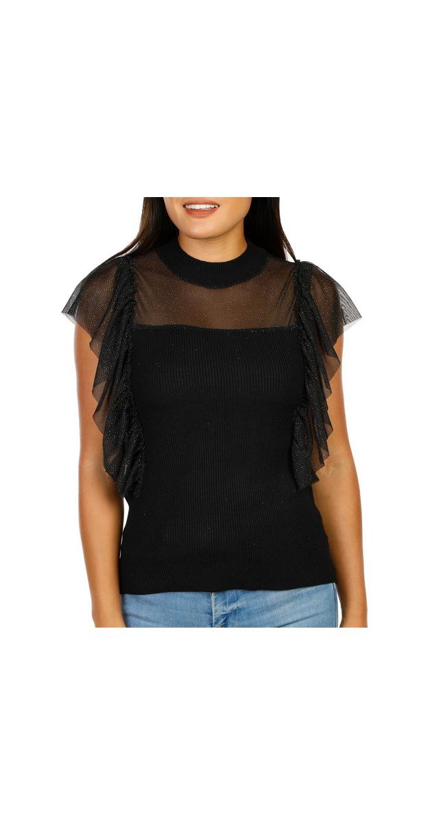 Womens Mesh Flutter Sleeve Top Black Burkes Outlet