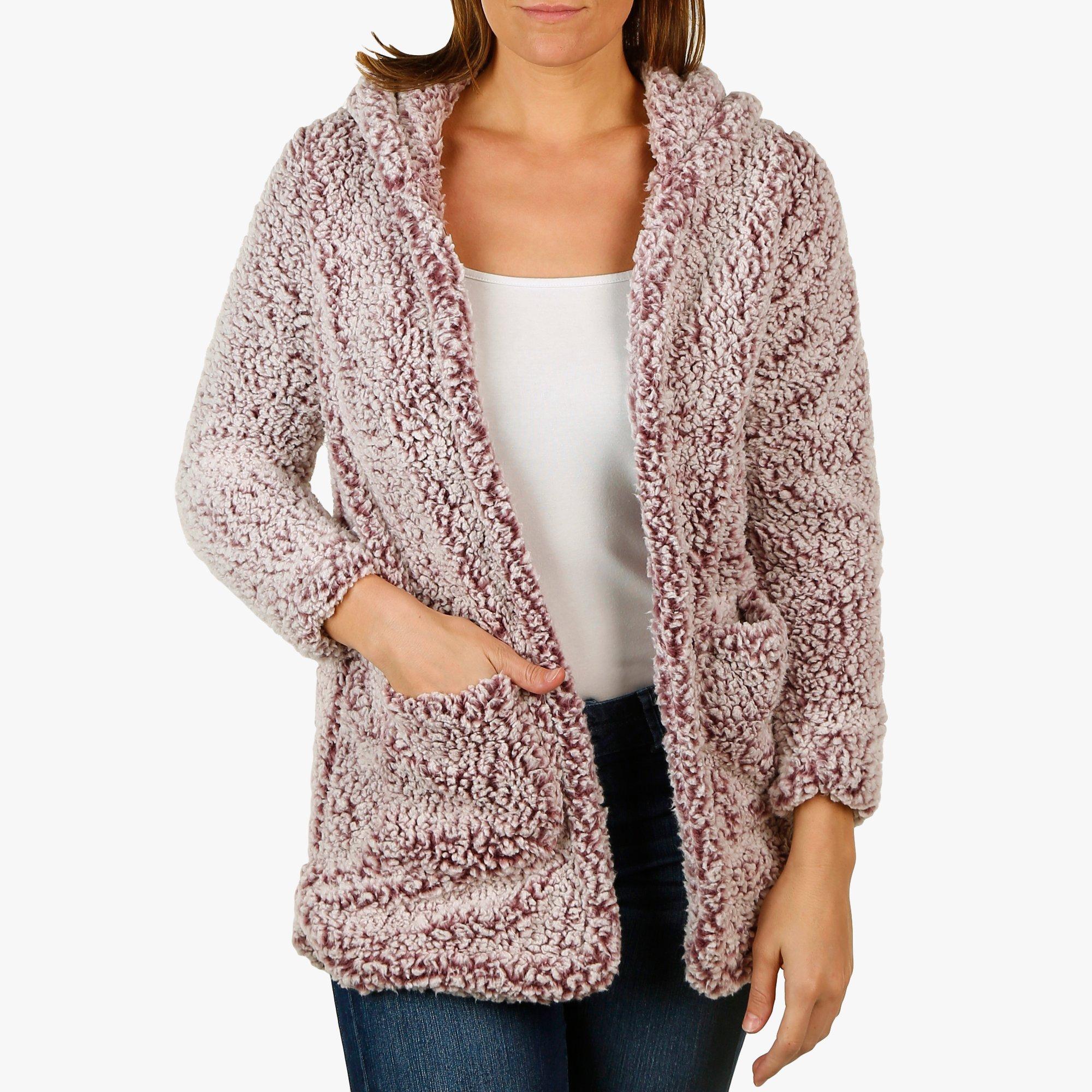 hooded open front sherpa sweater