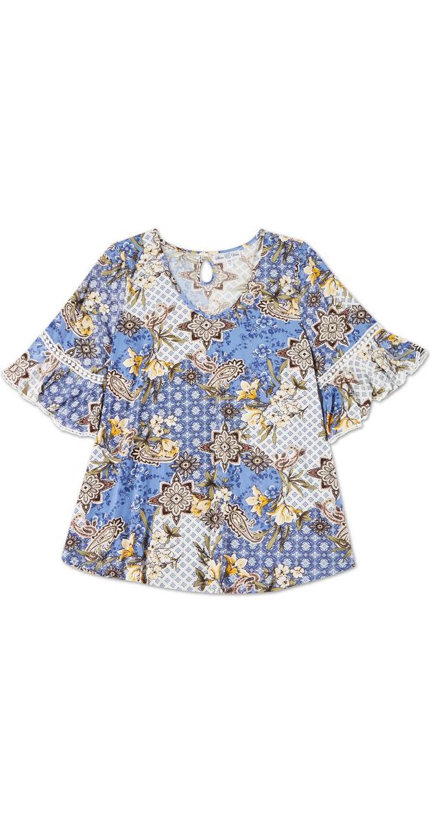 Women's Plus Crochet & Bell Paisley Print Top -Blue Multi | Burkes Outlet