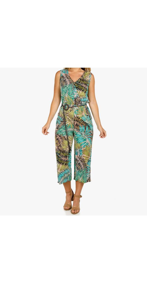 Women’s Sleeveless Palm Leaf Print Jumpsuit - Green Multi | Burkes Outlet