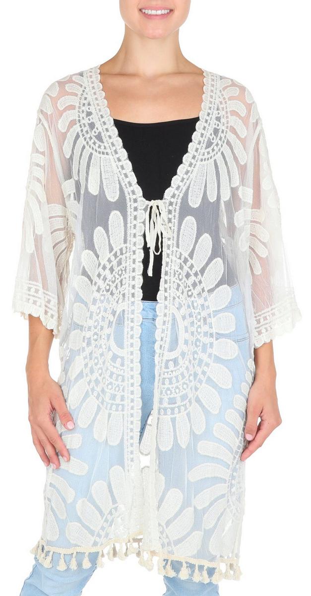 Women's Embroidered Crochet Kimono Cream Burkes Outlet