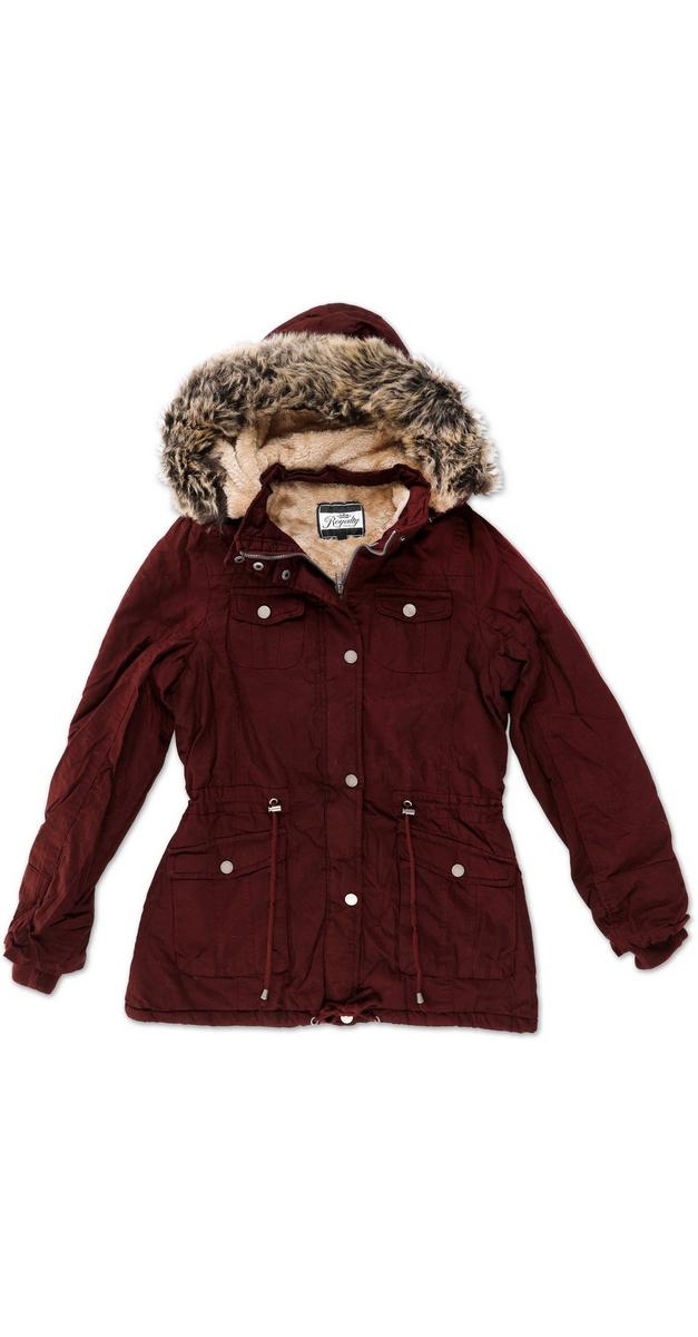 copper key quilted faux fur hooded anorak coat