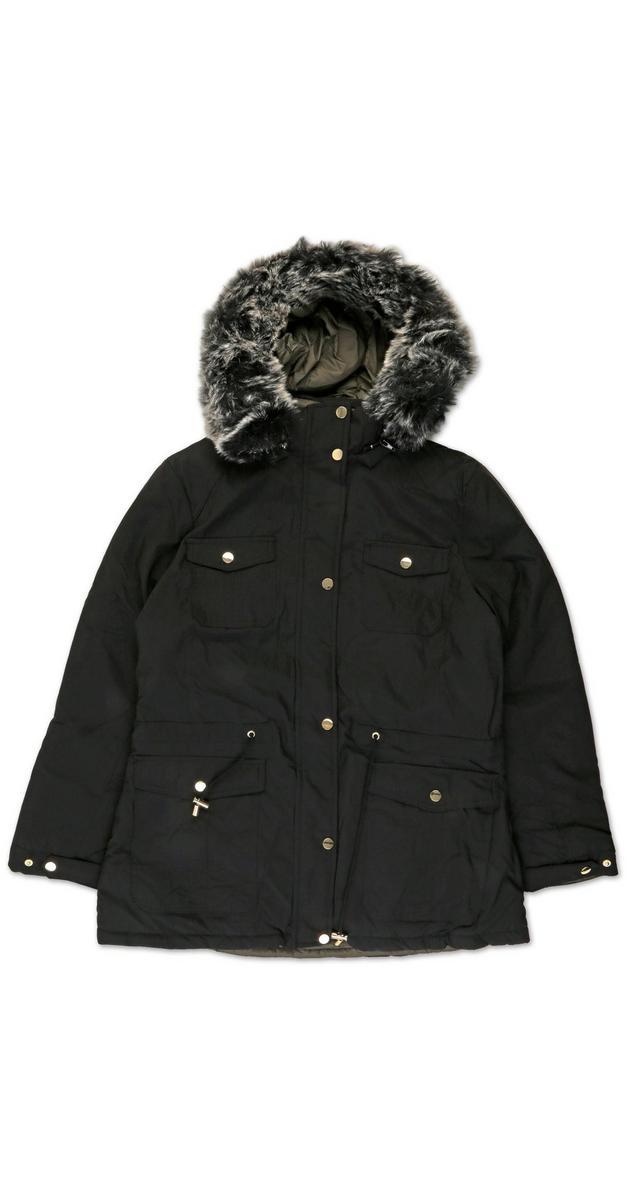 Women's Plus Faux Fur Reversible Parka Jacket - Black/Olive | Burkes Outlet