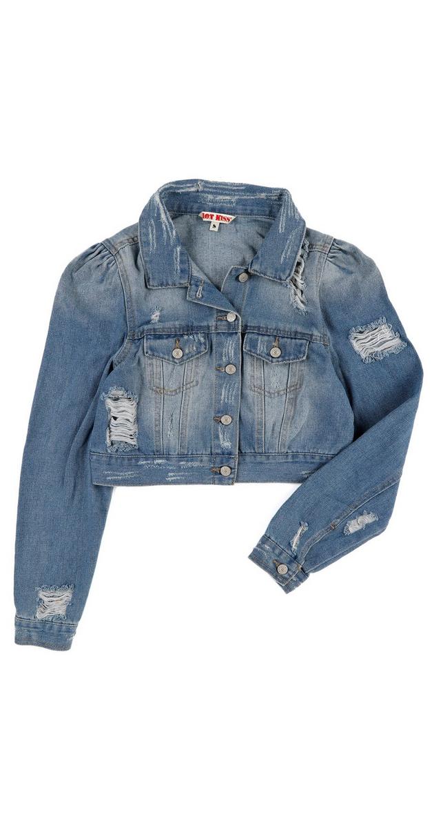 Juniors Distressed Crop Denim Jacket Light Wash Burkes Outlet