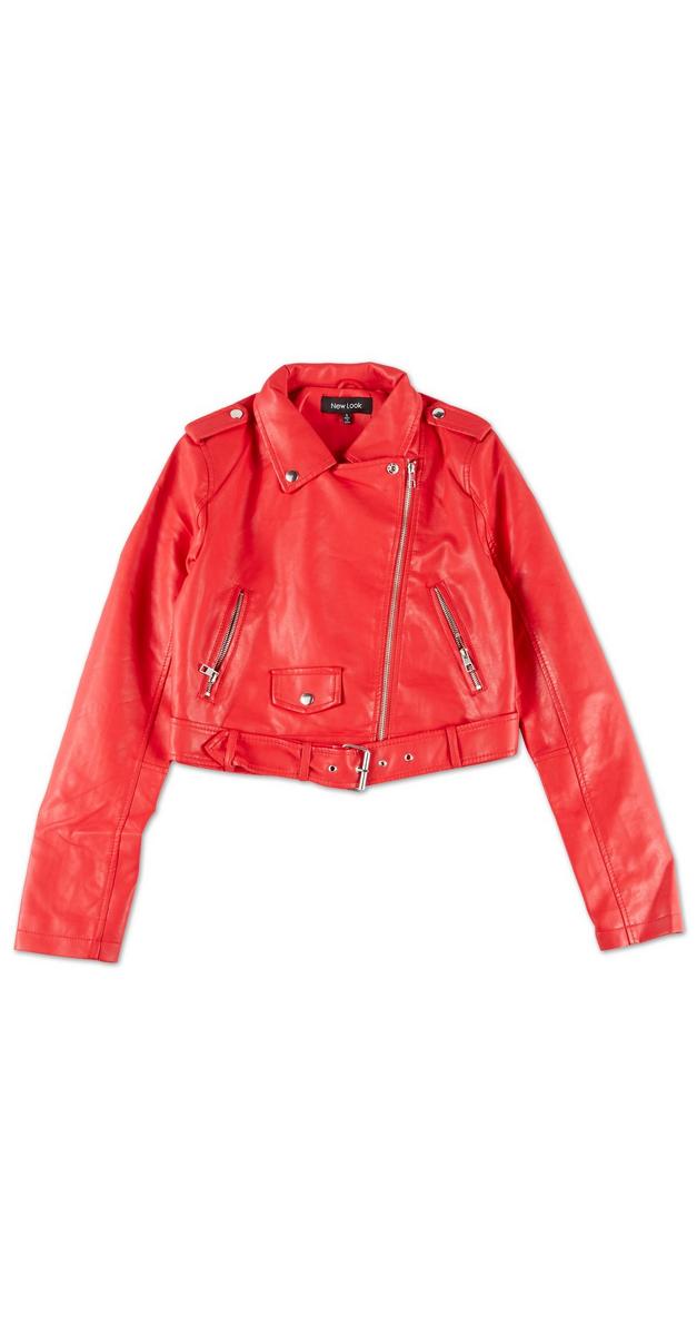 Juniors Belted Faux Leather Jacket - Red | Burkes Outlet
