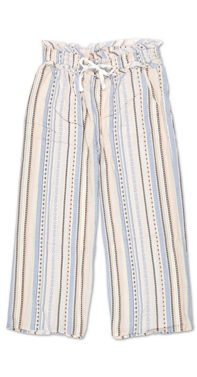 blue and white striped paper bag pants