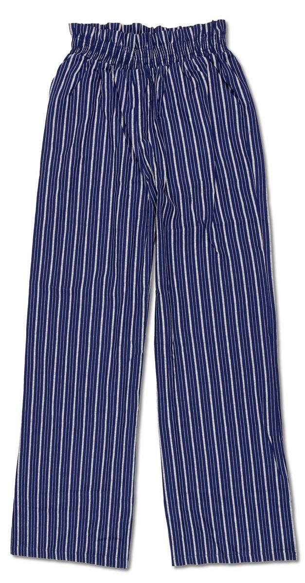 blue and white striped paper bag pants