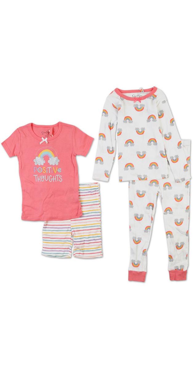 Little Girls 4 Pc Rainbow Pajama Set - Pink | Burkes Outlet