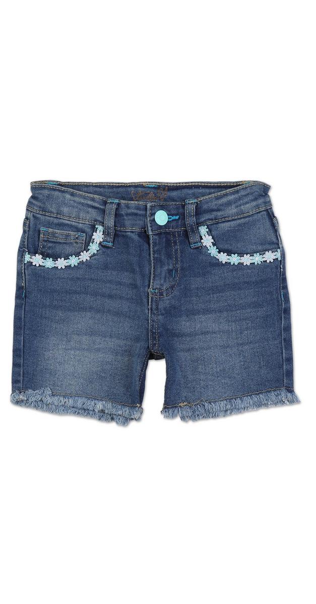 Little Girls Embroidered Flower Pocket Denim Shorts - Medium Wash ...