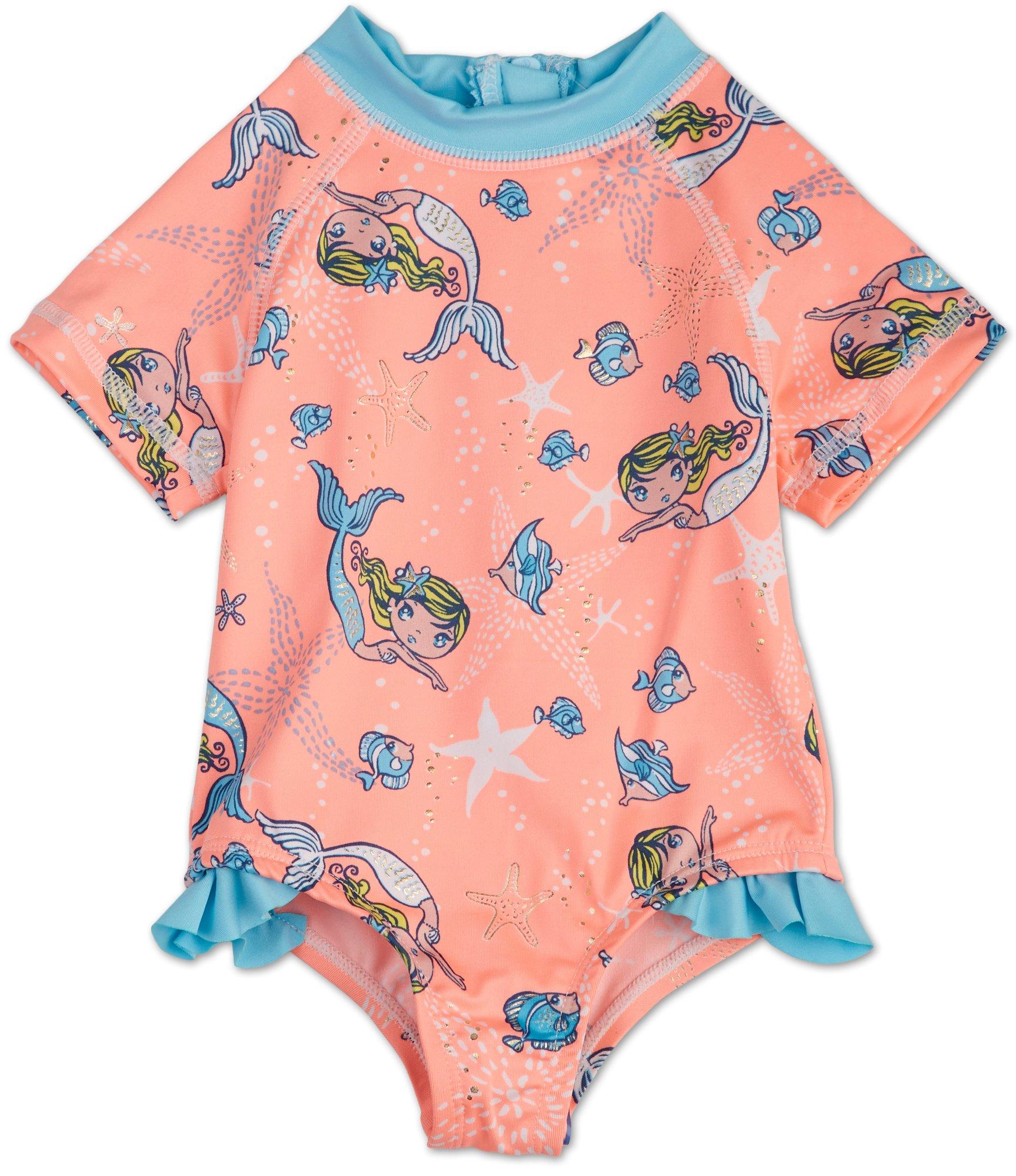 Baby Girls Mermaid One Piece Rash Guard Swimsuit Coral Burkes Outlet