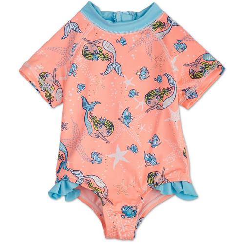 Baby Girls Mermaid One Piece Rash Guard Swimsuit Coral Burkes Outlet