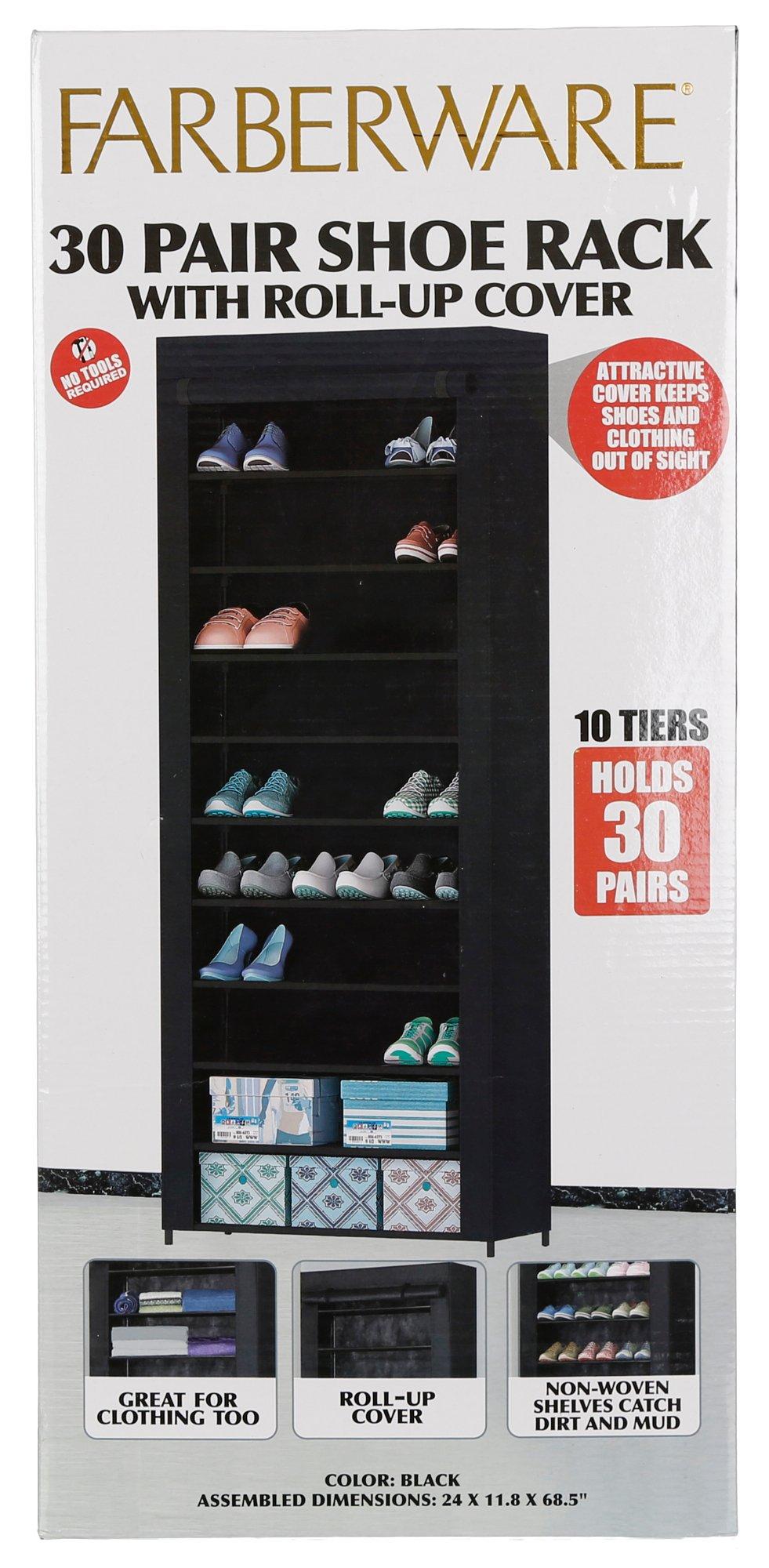 30 Pair Shoe Rack W Roll Up Cover Black Burkes Outlet