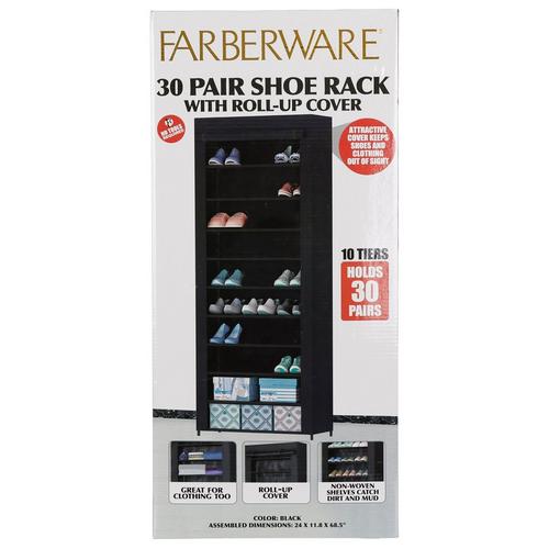 30 Pair Shoe Rack W Roll Up Cover Black Burkes Outlet