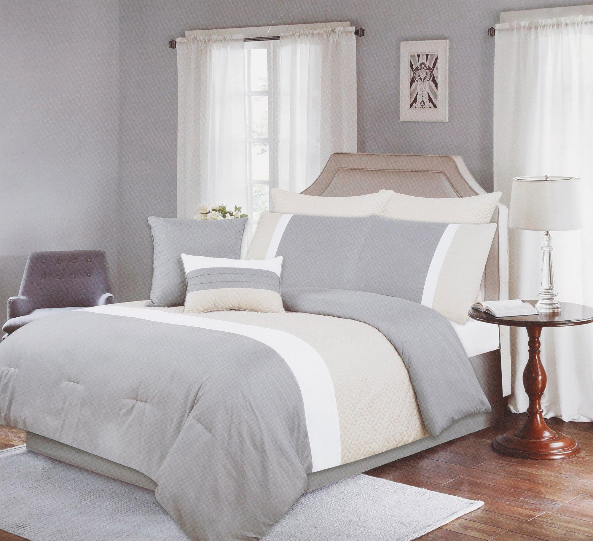 gray and tan bedding