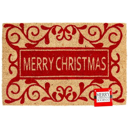 18x27 Scroll Merry Christmas Coir Door Mat Red