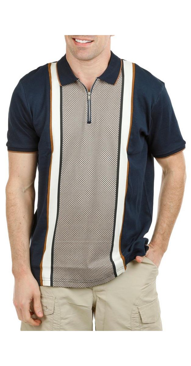 Men's Stripe Zip Front Polo Shirt - Navy | Burkes Outlet