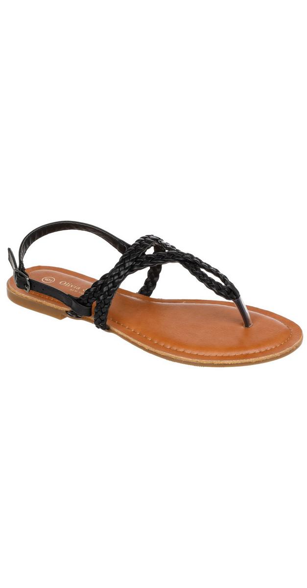 Women's Braided Faux Leather Flat Sandals - Black | Burkes Outlet
