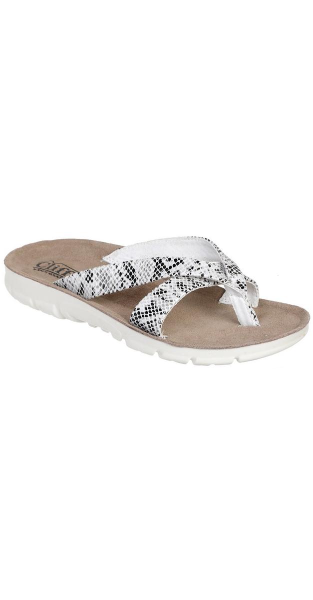 Women's Snakeskin Toe Loop Sandals - White | Burkes Outlet