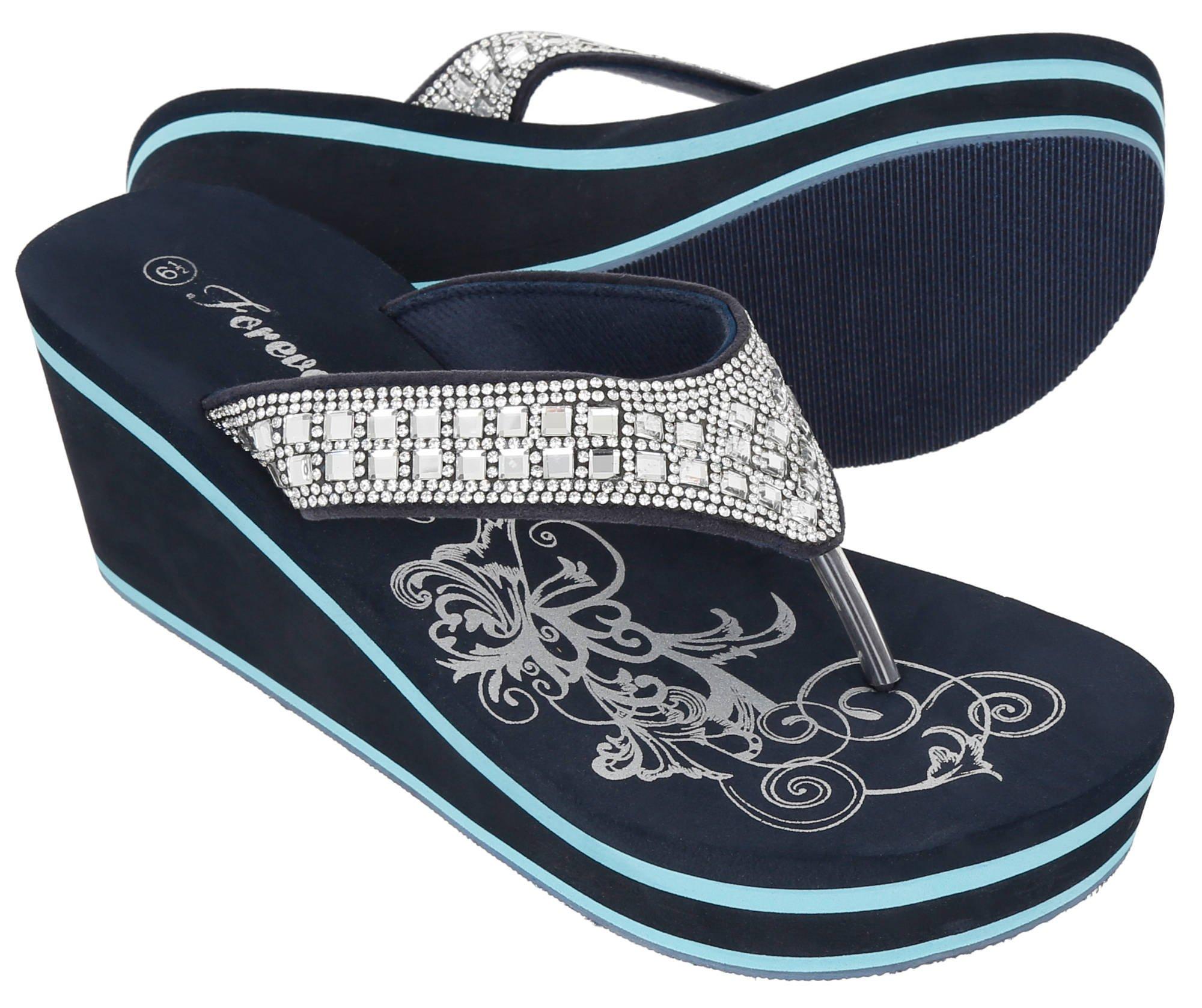 navy blue flip flops with bling