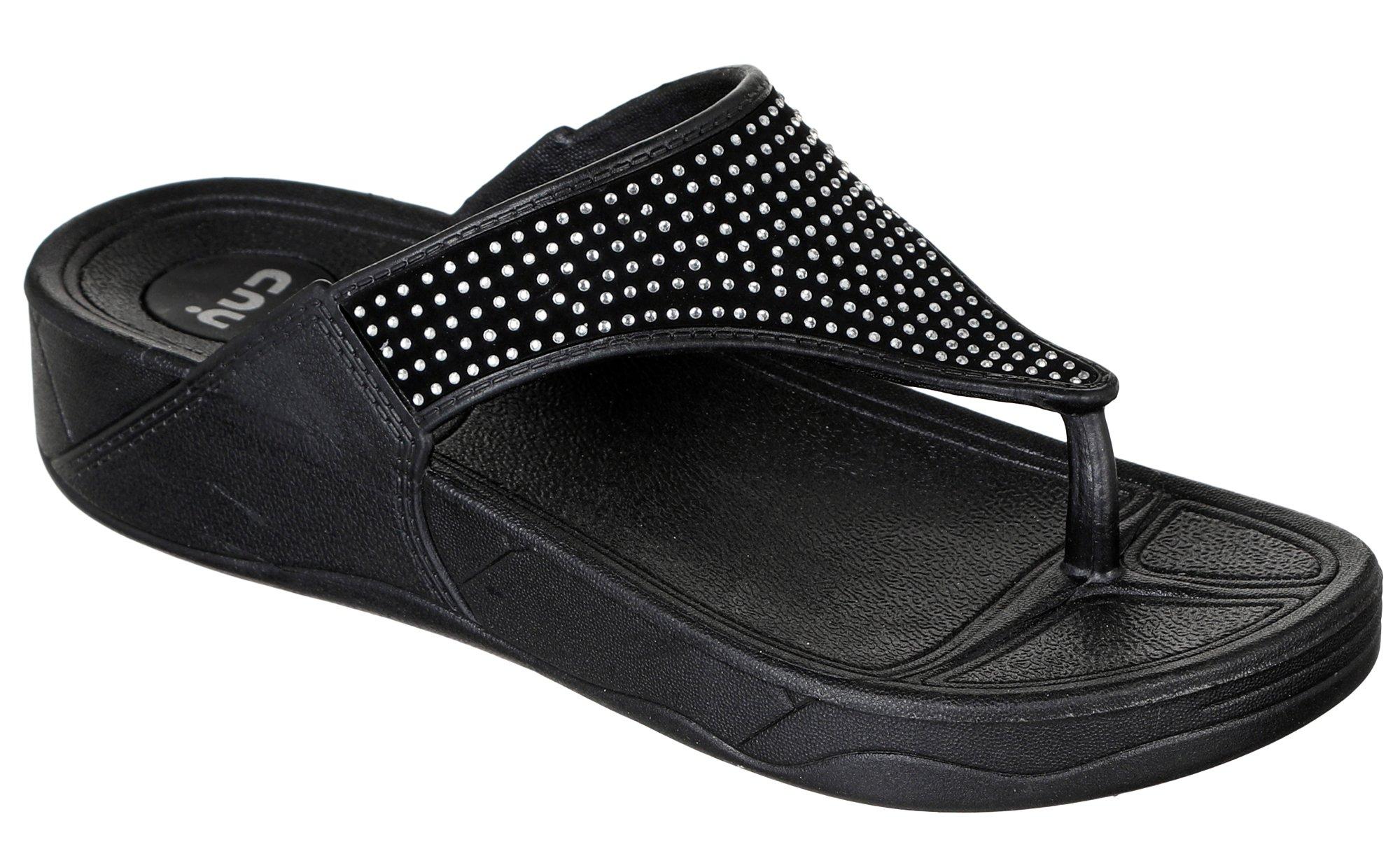 black wedge flip flops with rhinestones