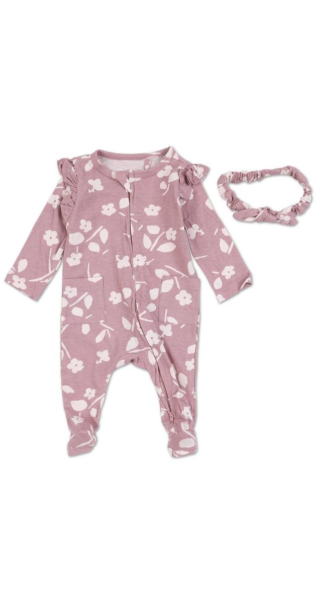 Baby Girls Floral & Ruffle Footed Pajamas w/Headband Lilac Burkes