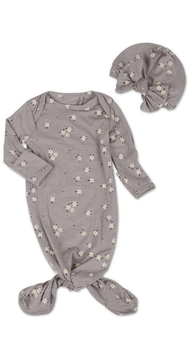 Baby Girls Floral Knotted Sleep Gown w/ Hat Grey Burkes Outlet