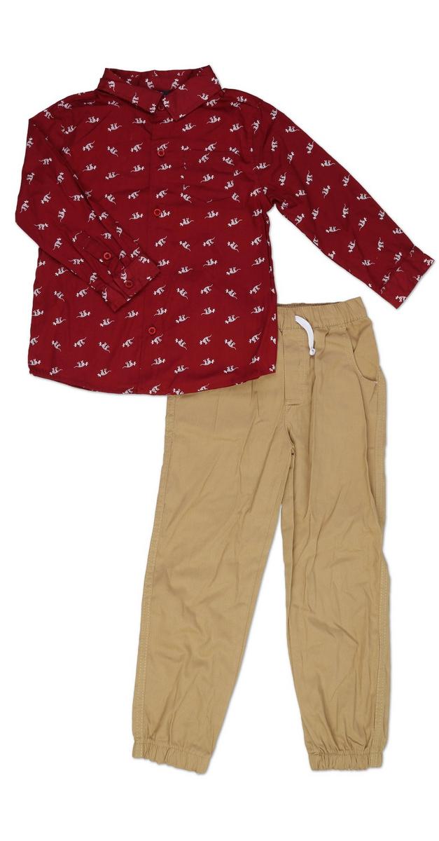 Boys 2 Pc Dino Button Up & Joggers Set - Red | Burkes Outlet