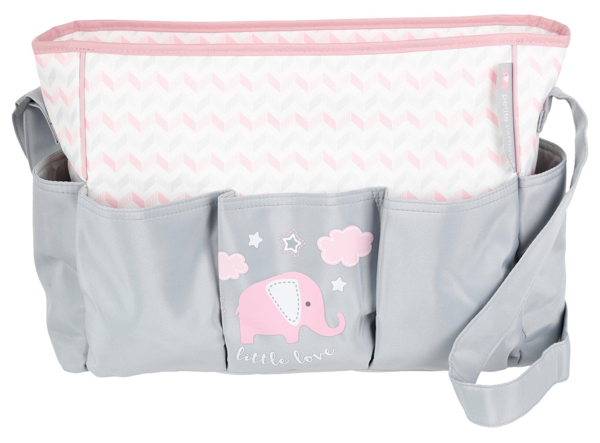 pink and grey elephant diaper bag