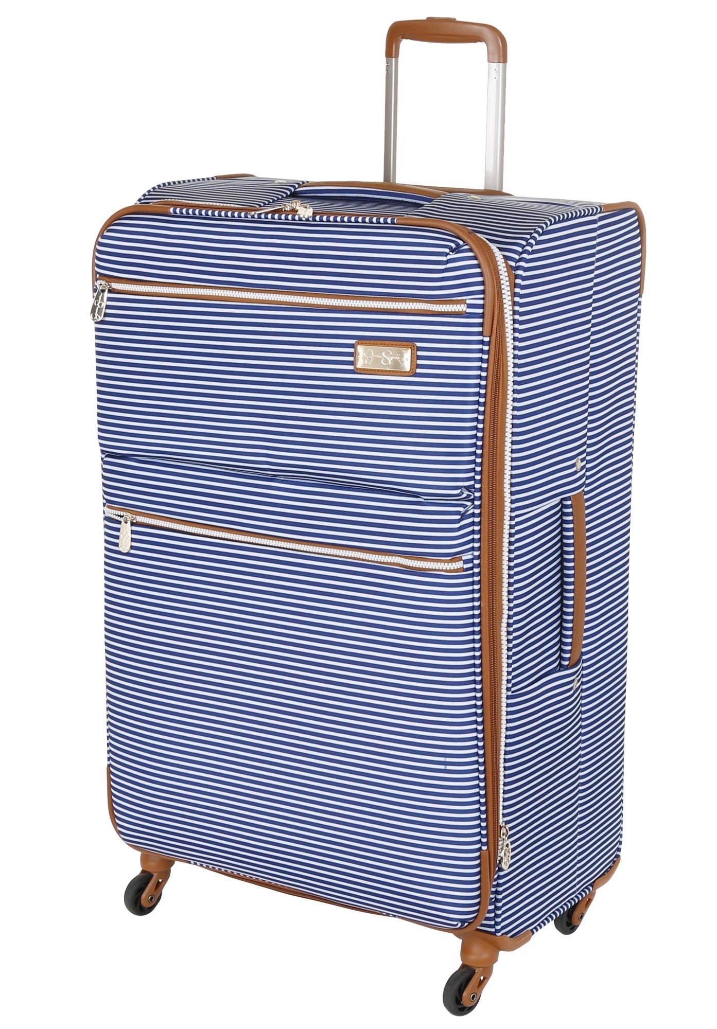 blue and white striped suitcase